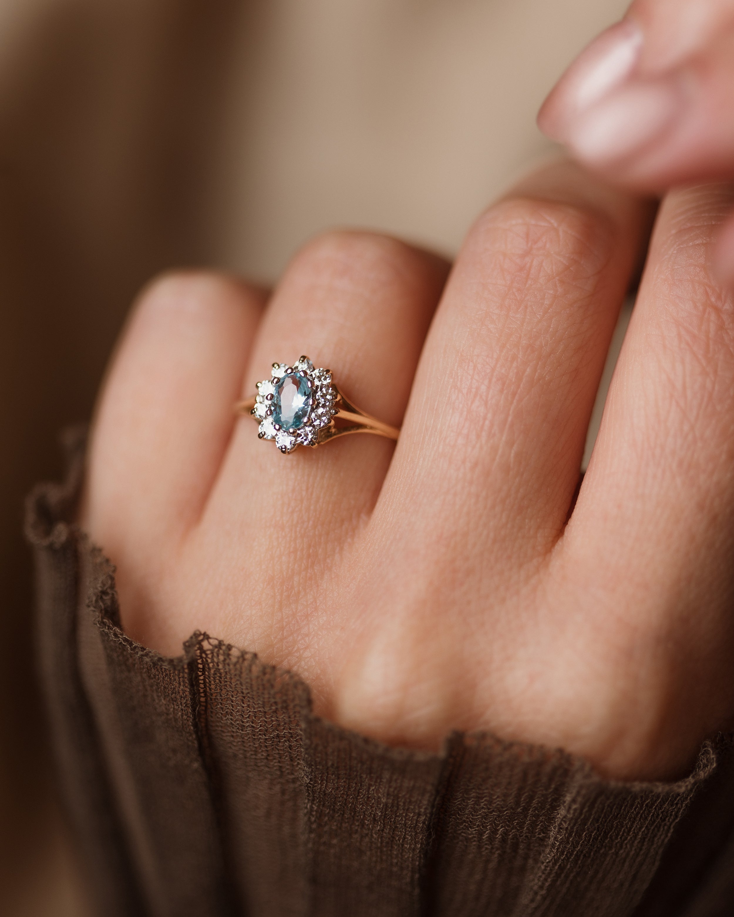 Image of Tabitha Vintage 9ct Gold Aquamarine & CZ Cluster Ring