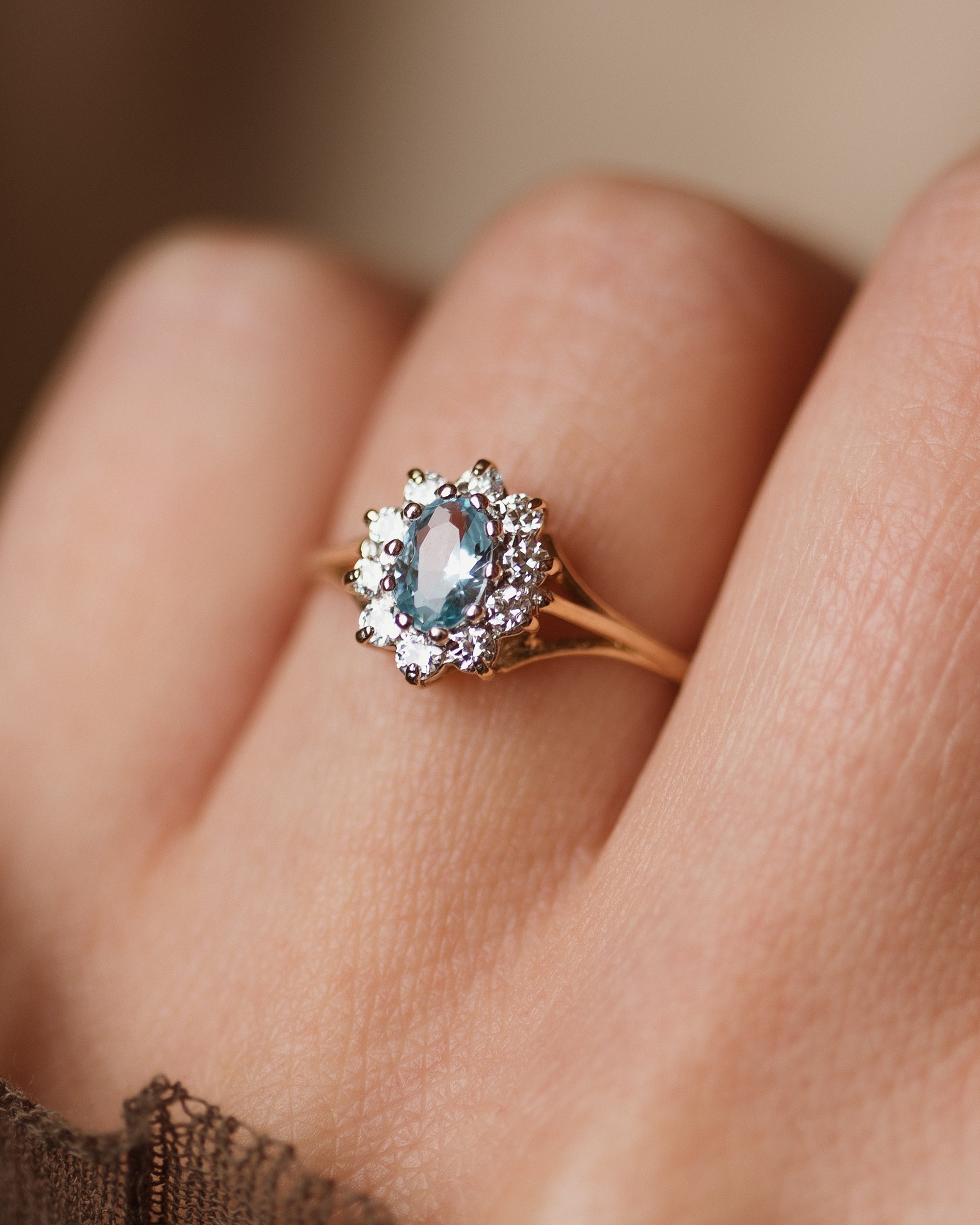 Tabitha Vintage 9ct Gold Aquamarine & CZ Cluster Ring