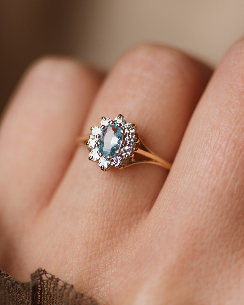 Tabitha Vintage 9ct Gold Aquamarine & CZ Cluster Ring