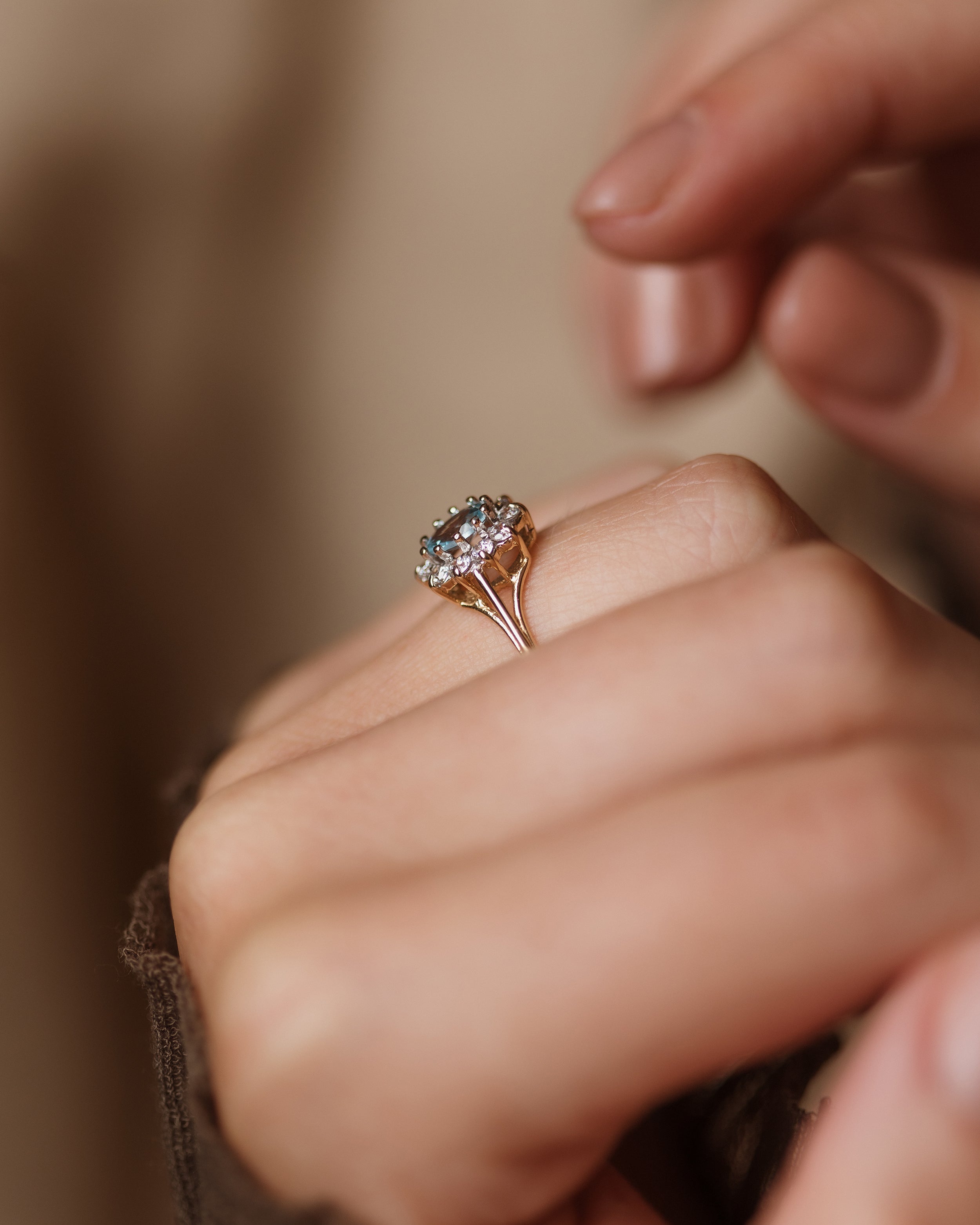 Tabitha Vintage 9ct Gold Aquamarine & CZ Cluster Ring