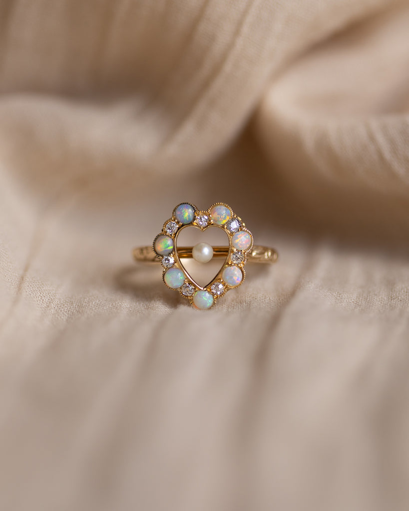 Jessamine Antique 15ct Gold Opal, Pearl & Diamond Heart Ring
