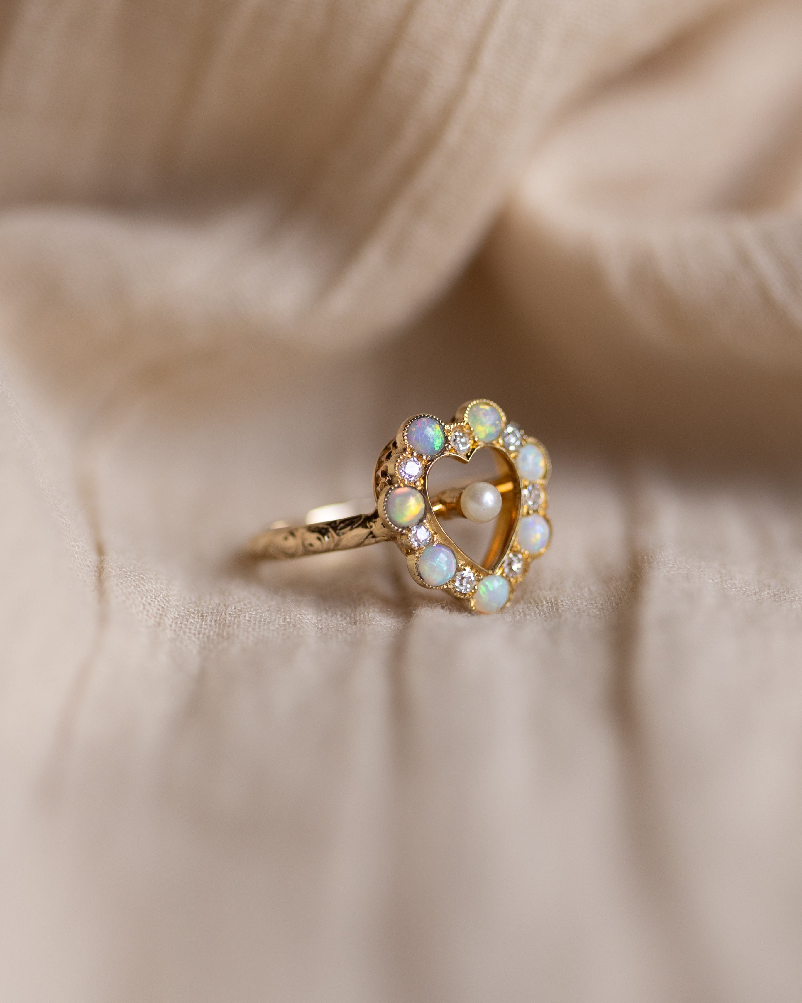 Jessamine Antique 15ct Gold Opal, Pearl & Diamond Heart Ring