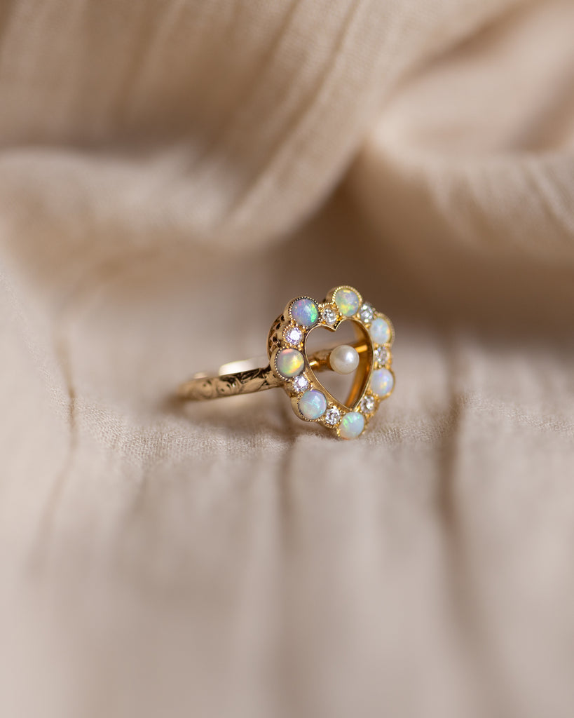 Jessamine Antique 15ct Gold Opal, Pearl & Diamond Heart Ring