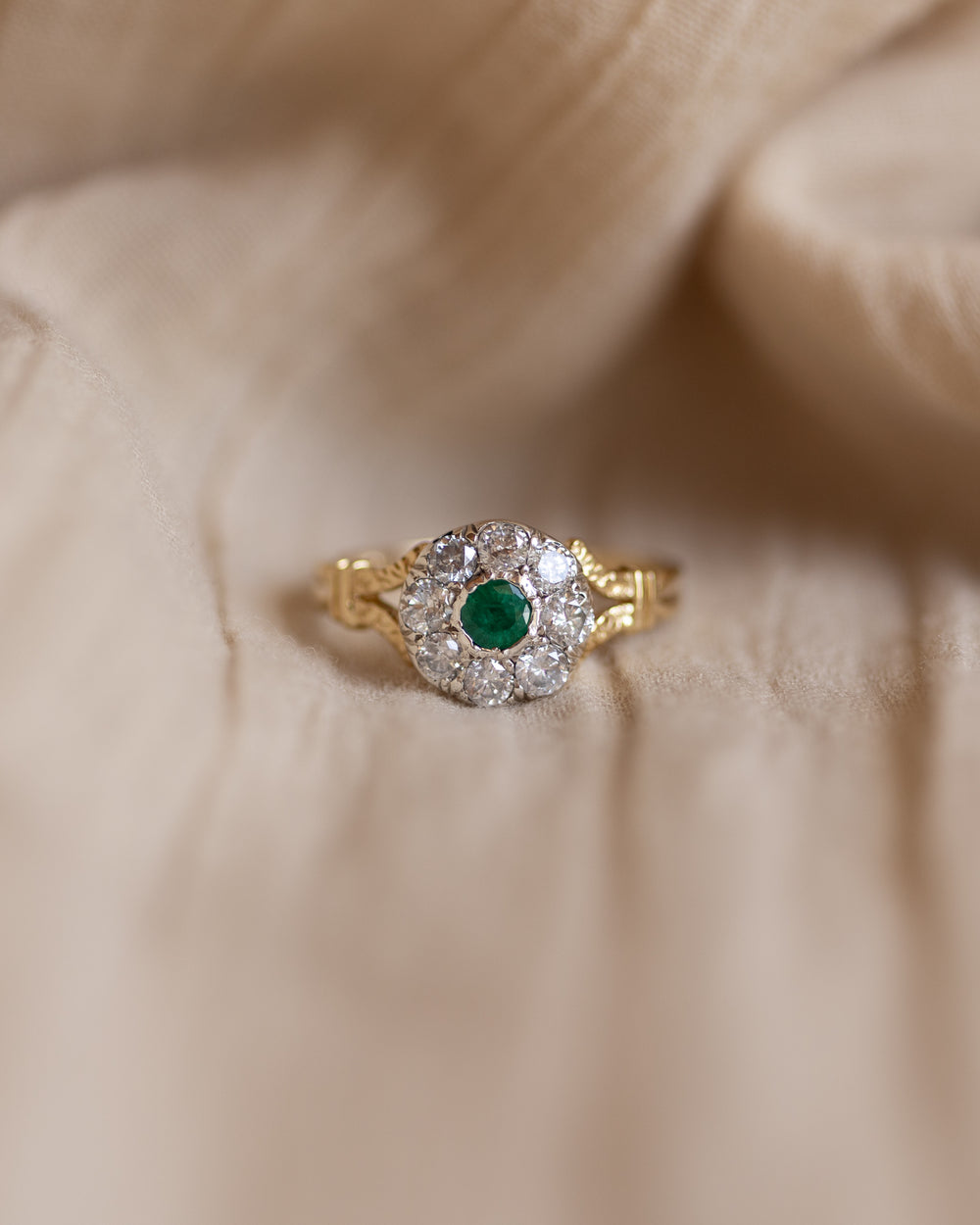 Martha Antique 18ct Gold Emerald & Diamond Cluster Ring