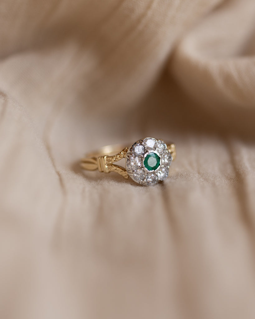 Martha Antique 18ct Gold Emerald & Diamond Cluster Ring