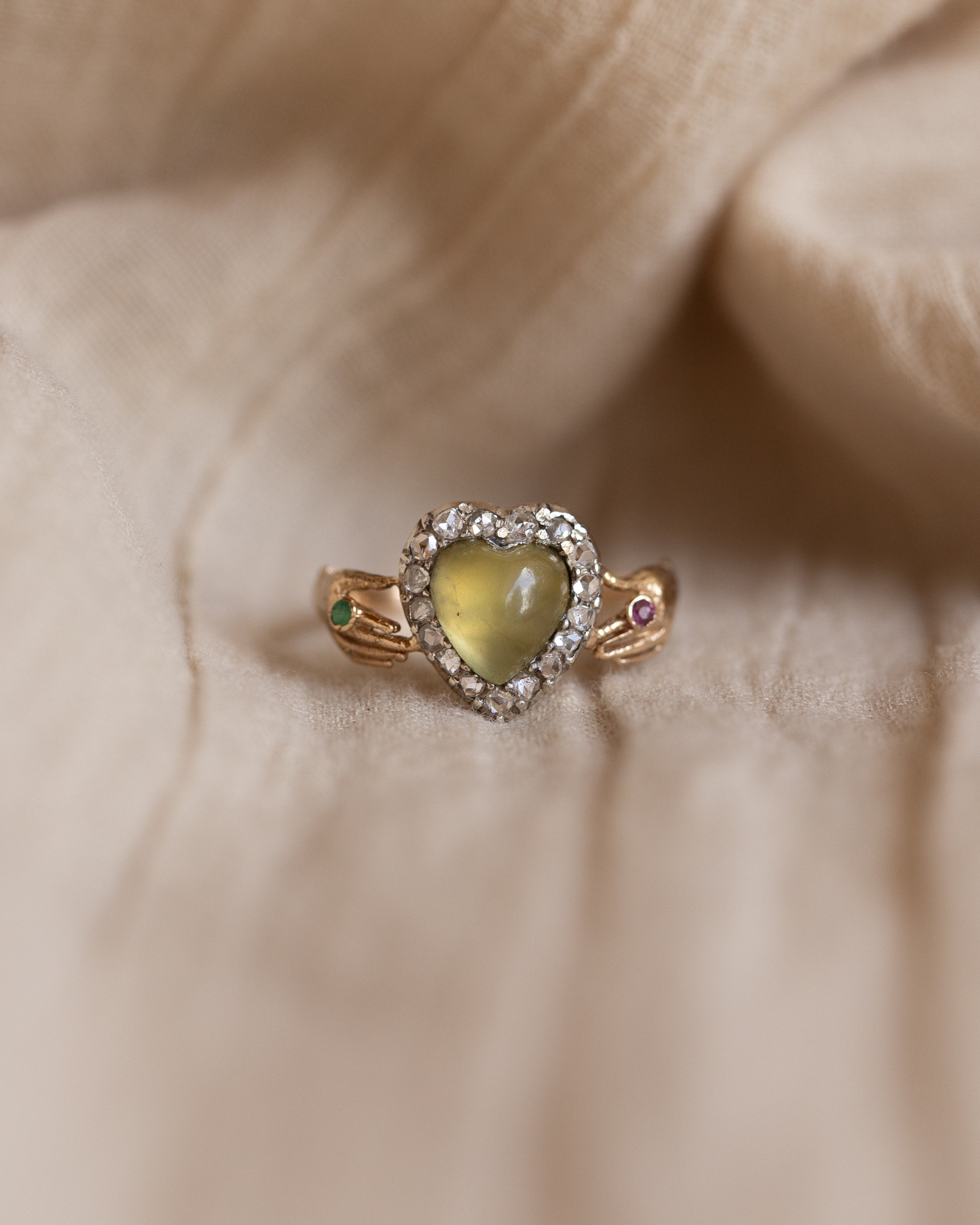 Image of Virginie Antique 15ct Gold Chrysoberyl & Diamond Claddagh Ring