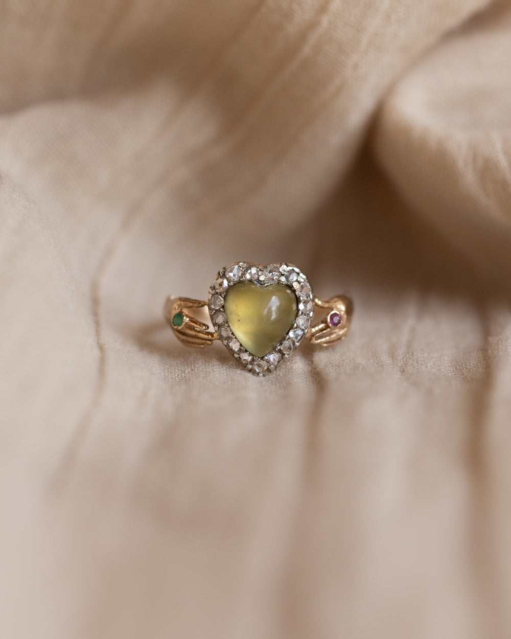 Virginie Antique 15ct Gold Chrysoberyl & Diamond Claddagh Ring