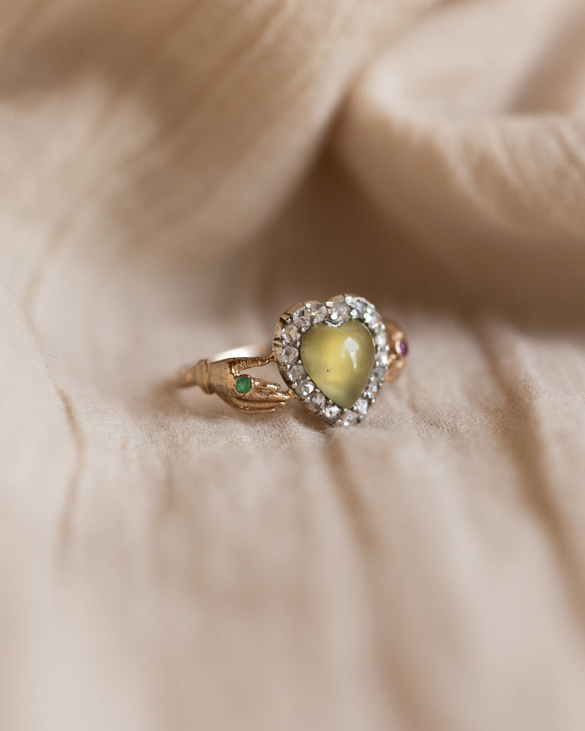 Virginie Antique 15ct Gold Chrysoberyl & Diamond Claddagh Ring