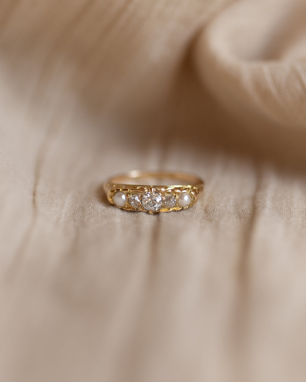 Phyllis 1912 Antique 18ct Gold Diamond & Pearl Five Stone Ring
