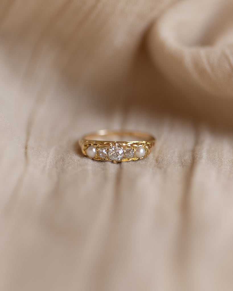 Phyllis 1912 Antique 18ct Gold Diamond & Pearl Five Stone Ring