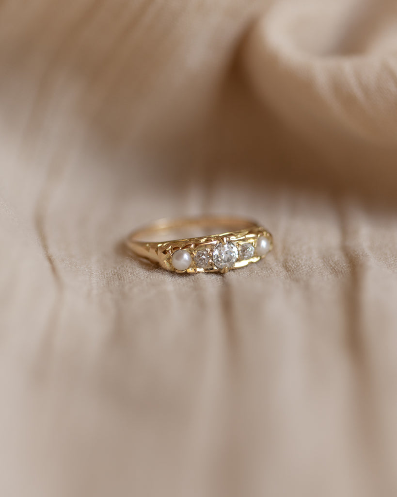 Phyllis 1912 Antique 18ct Gold Diamond & Pearl Five Stone Ring