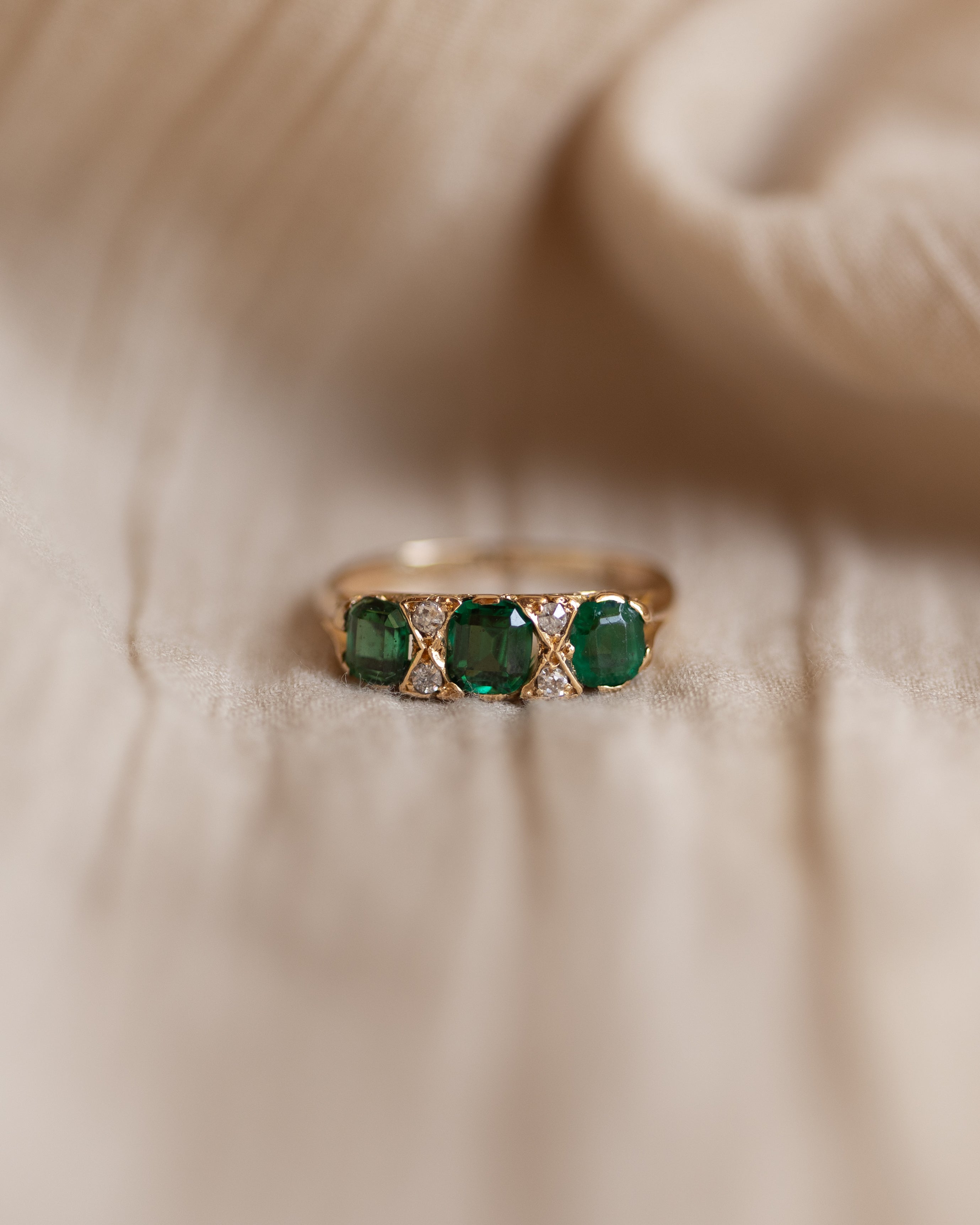 Lucy 1905 Antique 18ct Gold Emerald & Diamond Seven Stone Ring