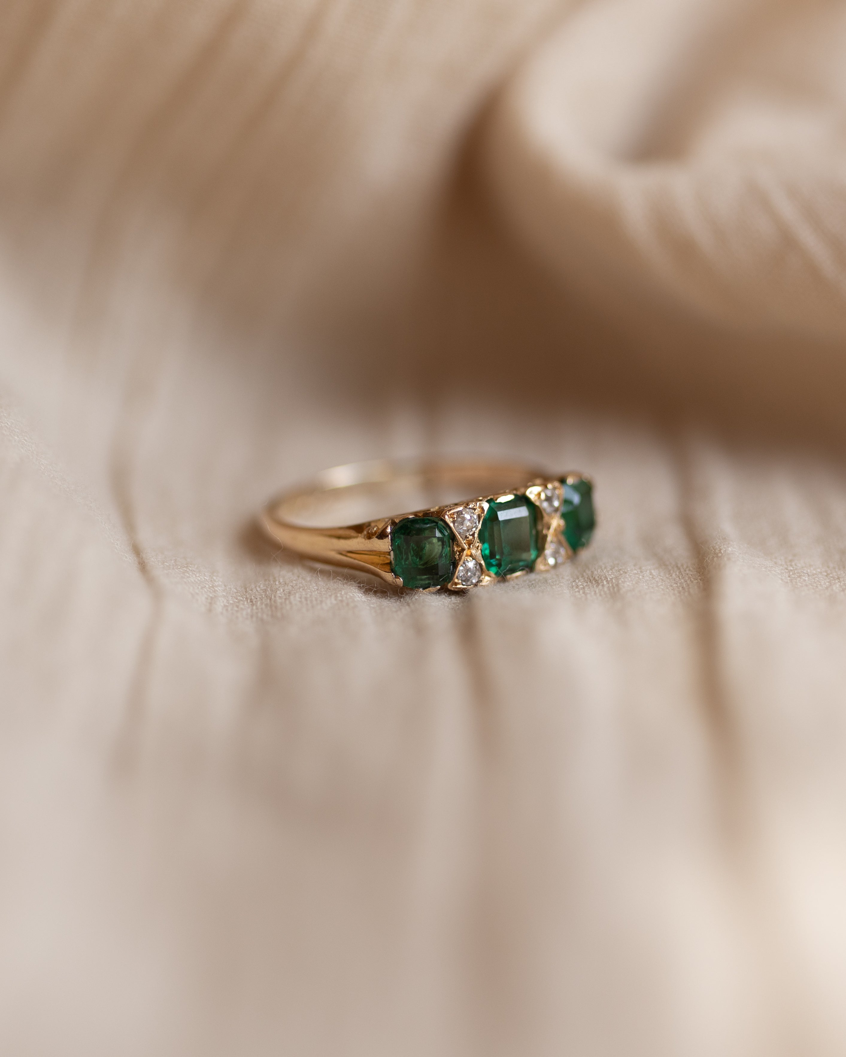 Lucy 1905 Antique 18ct Gold Emerald & Diamond Seven Stone Ring