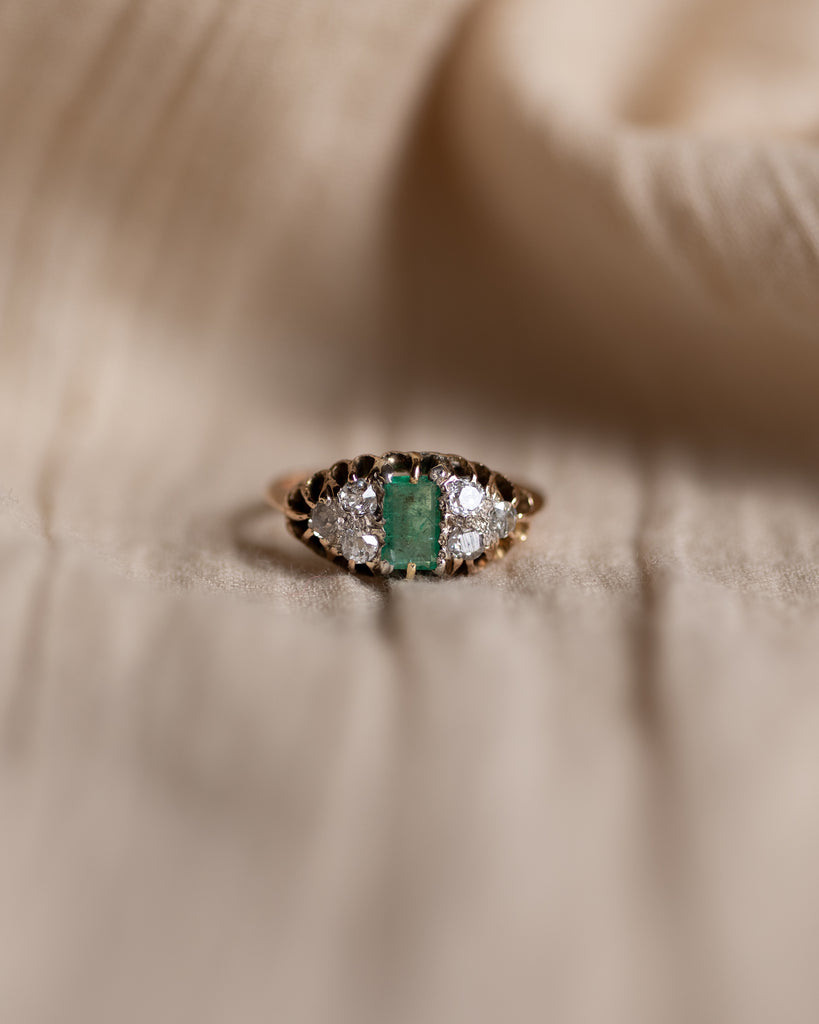 Albertina Antique 15ct Gold Emerald & Diamond Seven Stone Ring