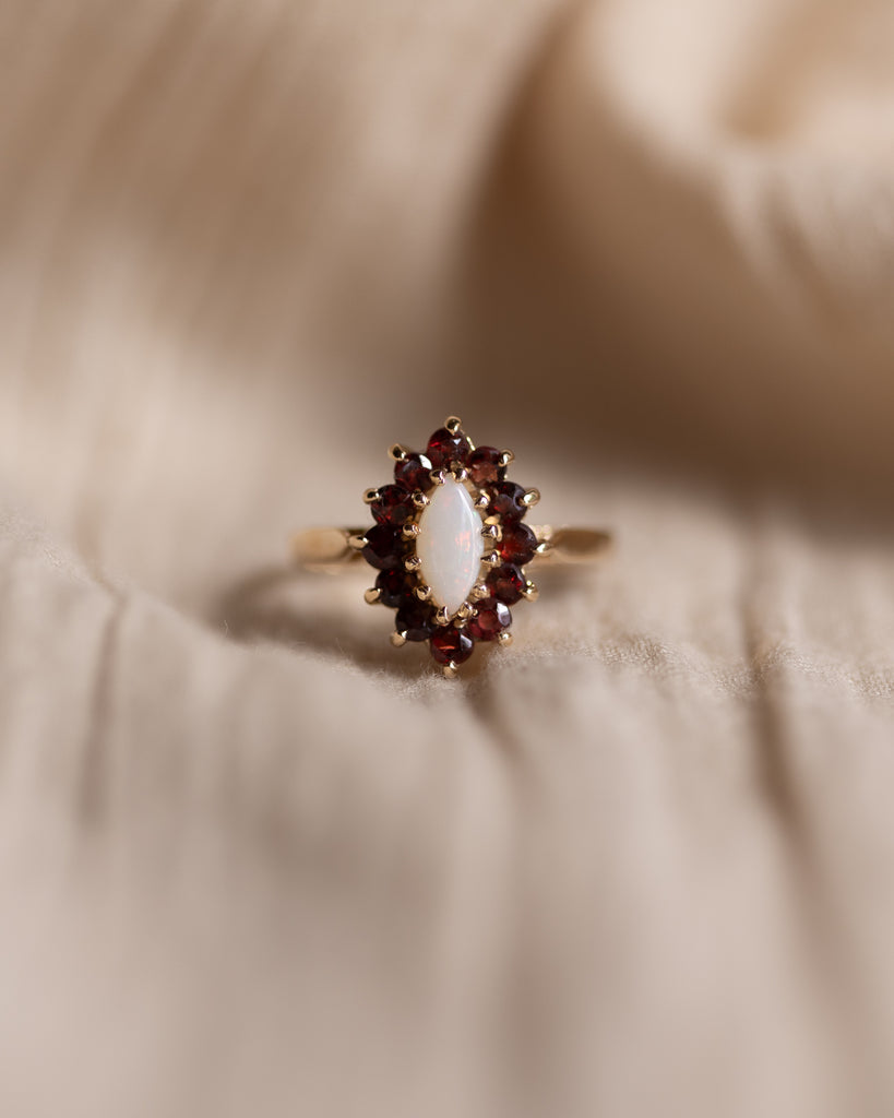 Rachel 1976 Vintage 9ct Gold Opal & Garnet Marquise Cluster Ring