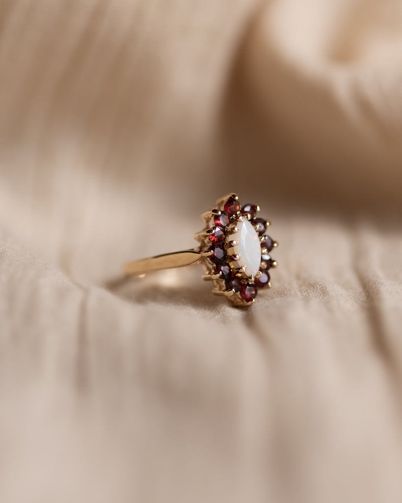 Rachel 1976 Vintage 9ct Gold Opal & Garnet Marquise Cluster Ring