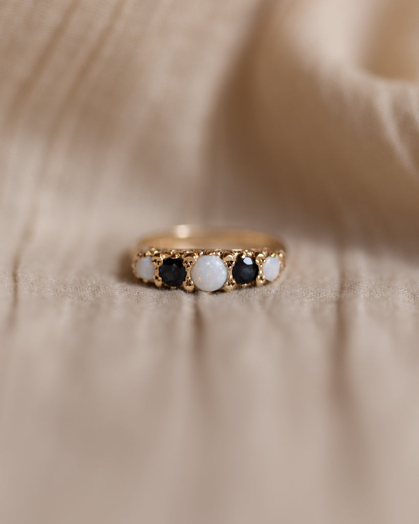 Inez 1977 Vintage 9ct Gold Opal & Sapphire Five Stone Ring