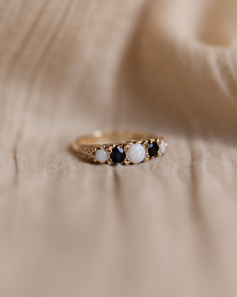 Inez 1977 Vintage 9ct Gold Opal & Sapphire Five Stone Ring