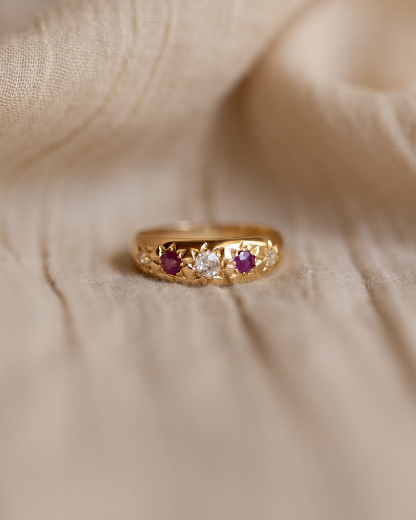Penelope 1903 Antique 18ct Gold Star Set Diamond & Ruby Five Stone Ring
