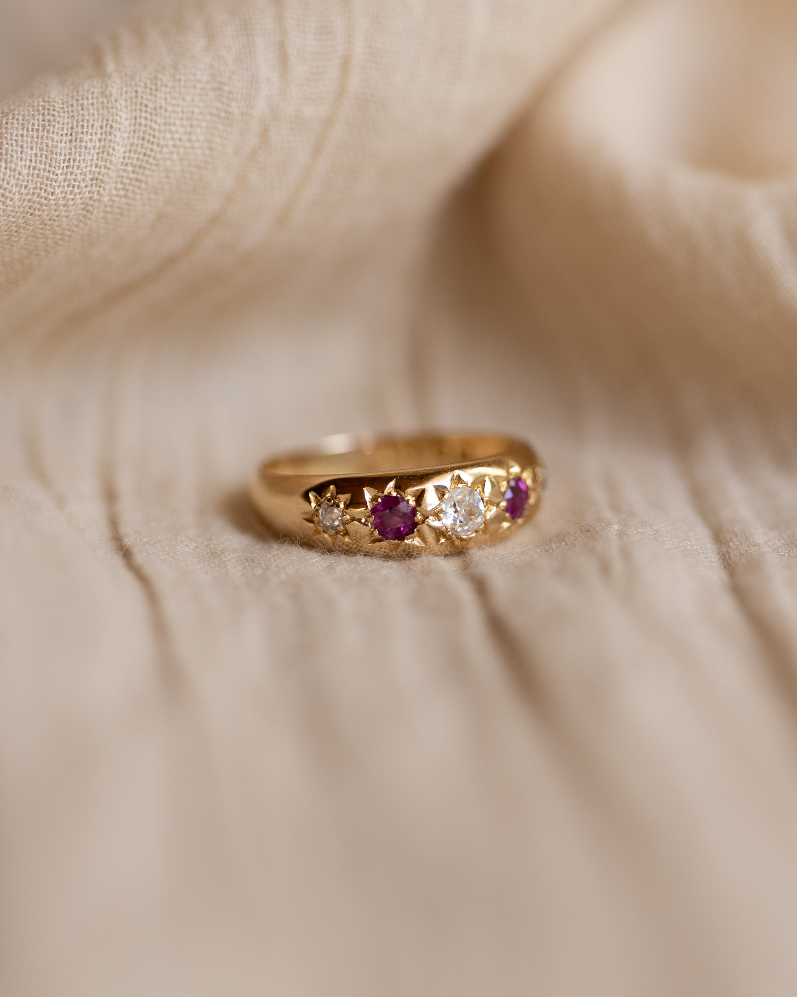Penelope 1903 Antique 18ct Gold Star Set Diamond & Ruby Five Stone Ring