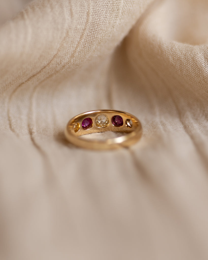 Penelope 1903 Antique 18ct Gold Star Set Diamond & Ruby Five Stone Ring