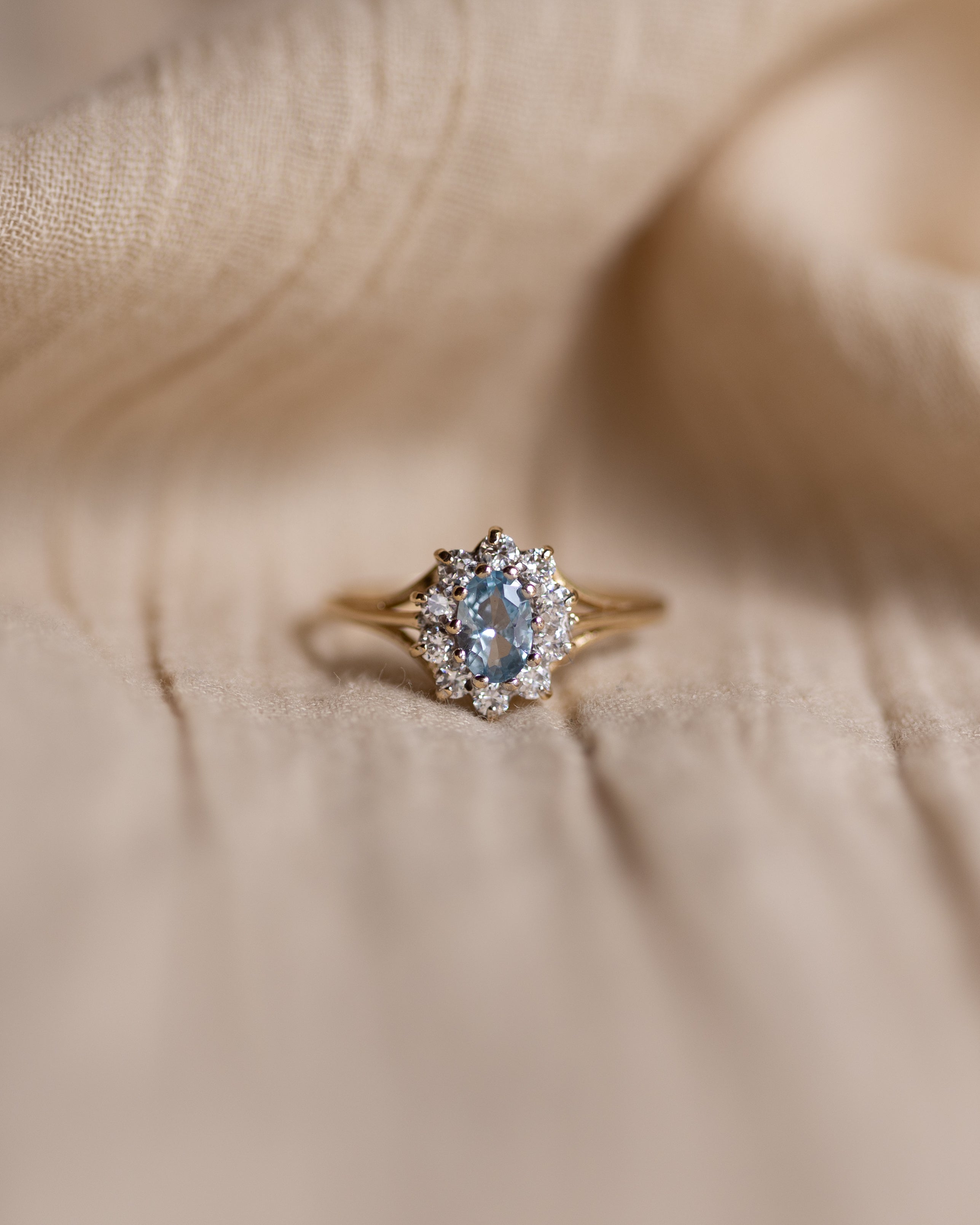 Tabitha Vintage 9ct Gold Aquamarine & CZ Cluster Ring