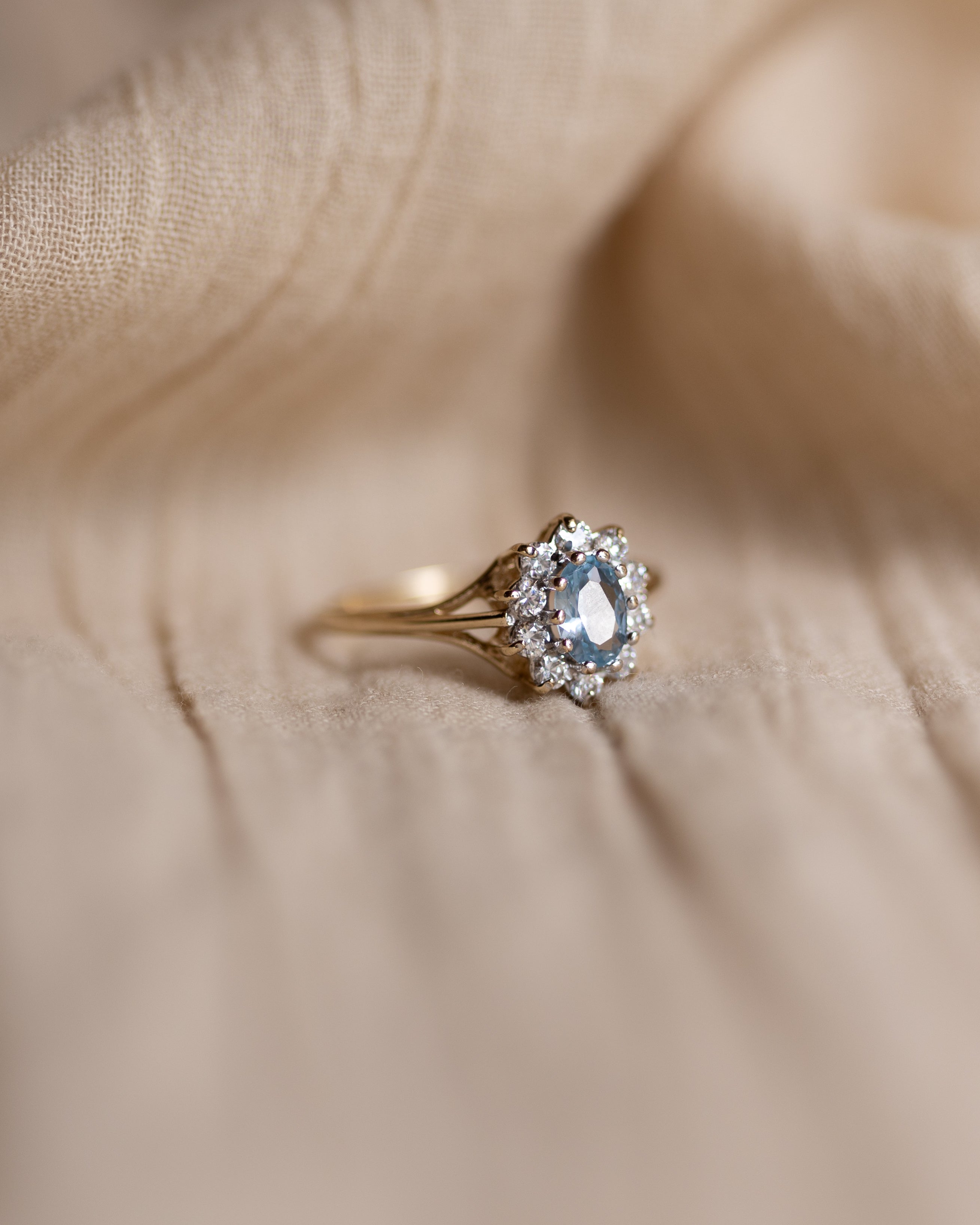 Tabitha Vintage 9ct Gold Aquamarine & CZ Cluster Ring