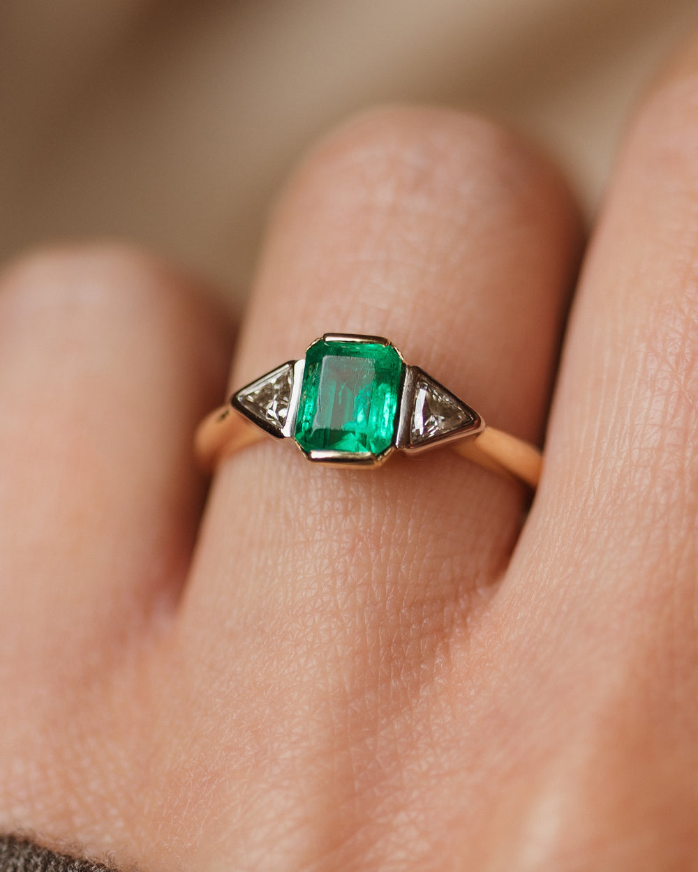 Rachelle Vintage 18ct Gold Emerald & Diamond Trilogy Ring