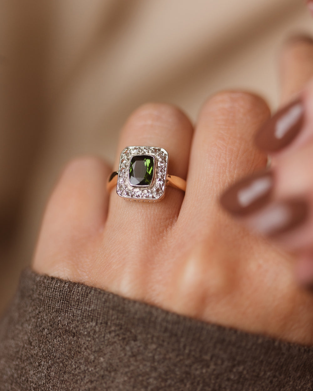 Marguerite Antique 18ct Gold Tourmaline & Diamond Cluster Ring
