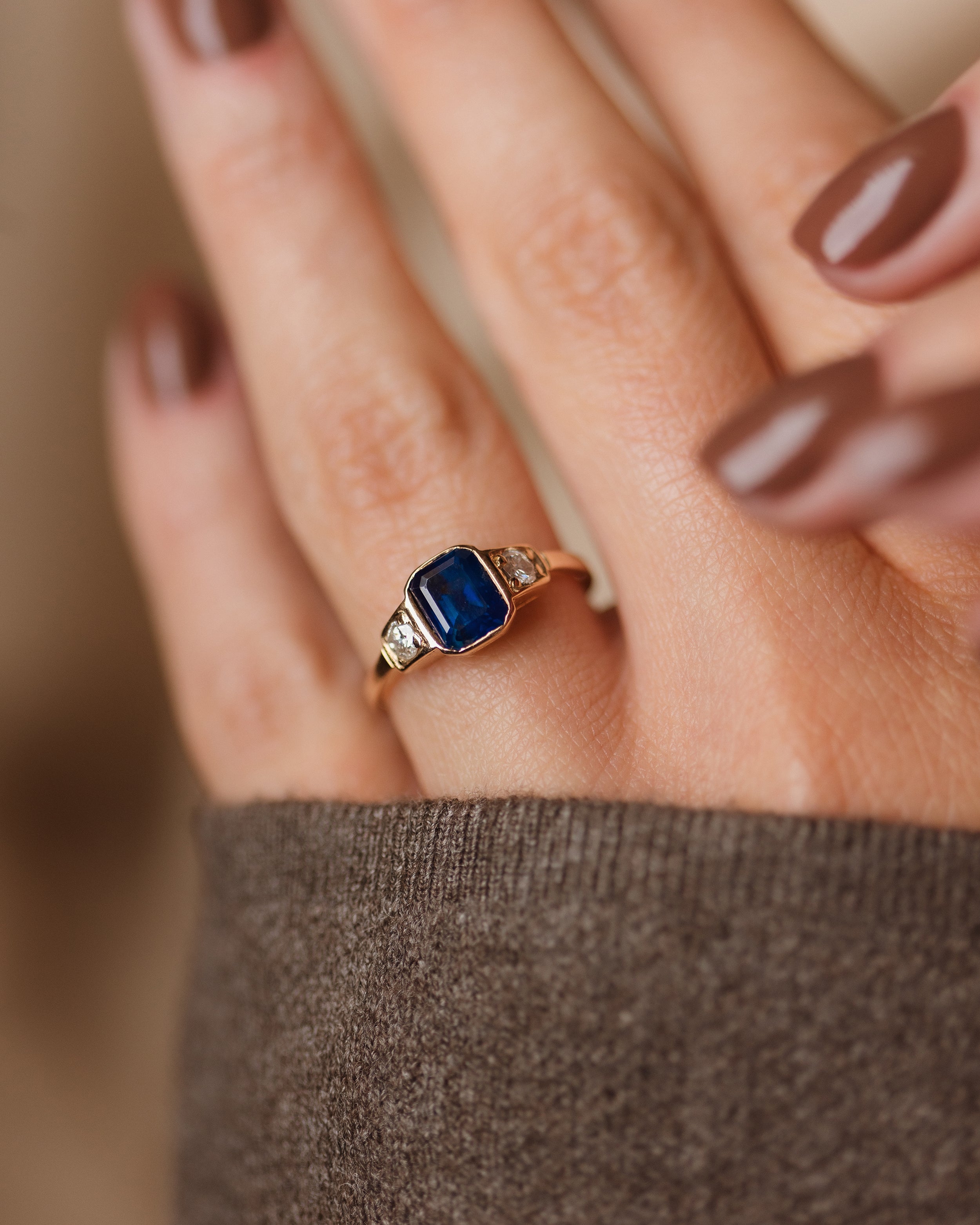 Image of Rowan Antique 15ct Gold Sapphire & Diamond Trilogy Ring