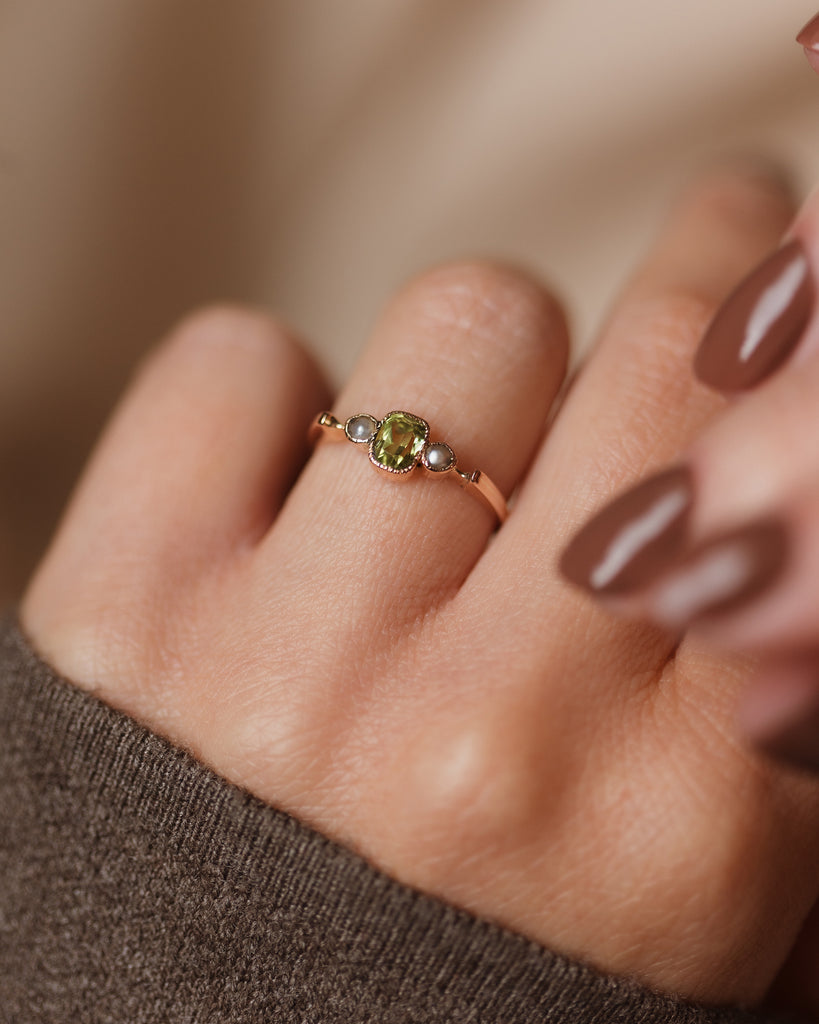 Madeline 1910 Antique 9ct Gold Peridot & Pearl Trilogy Ring
