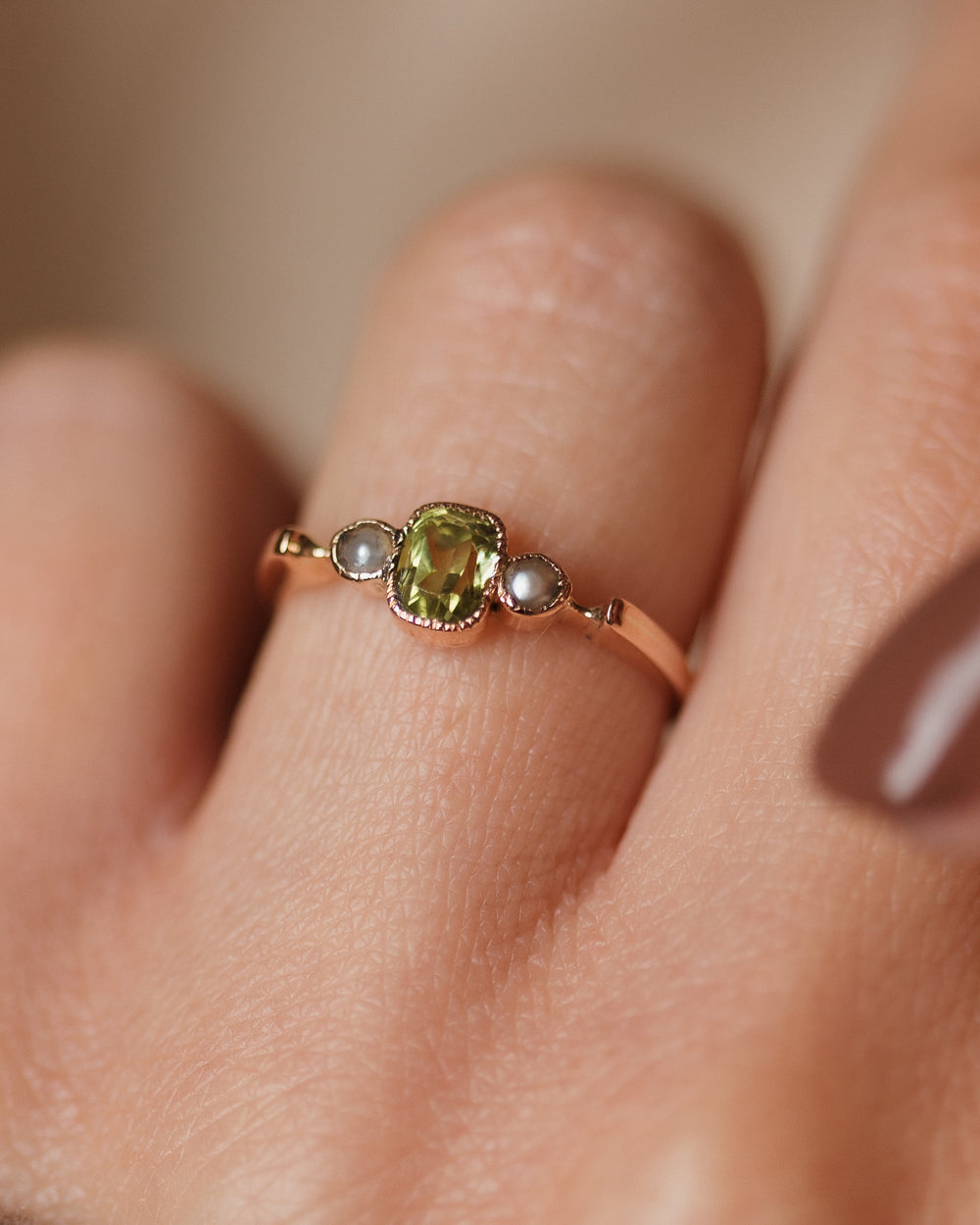 Madeline 1910 Antique 9ct Gold Peridot & Pearl Trilogy Ring