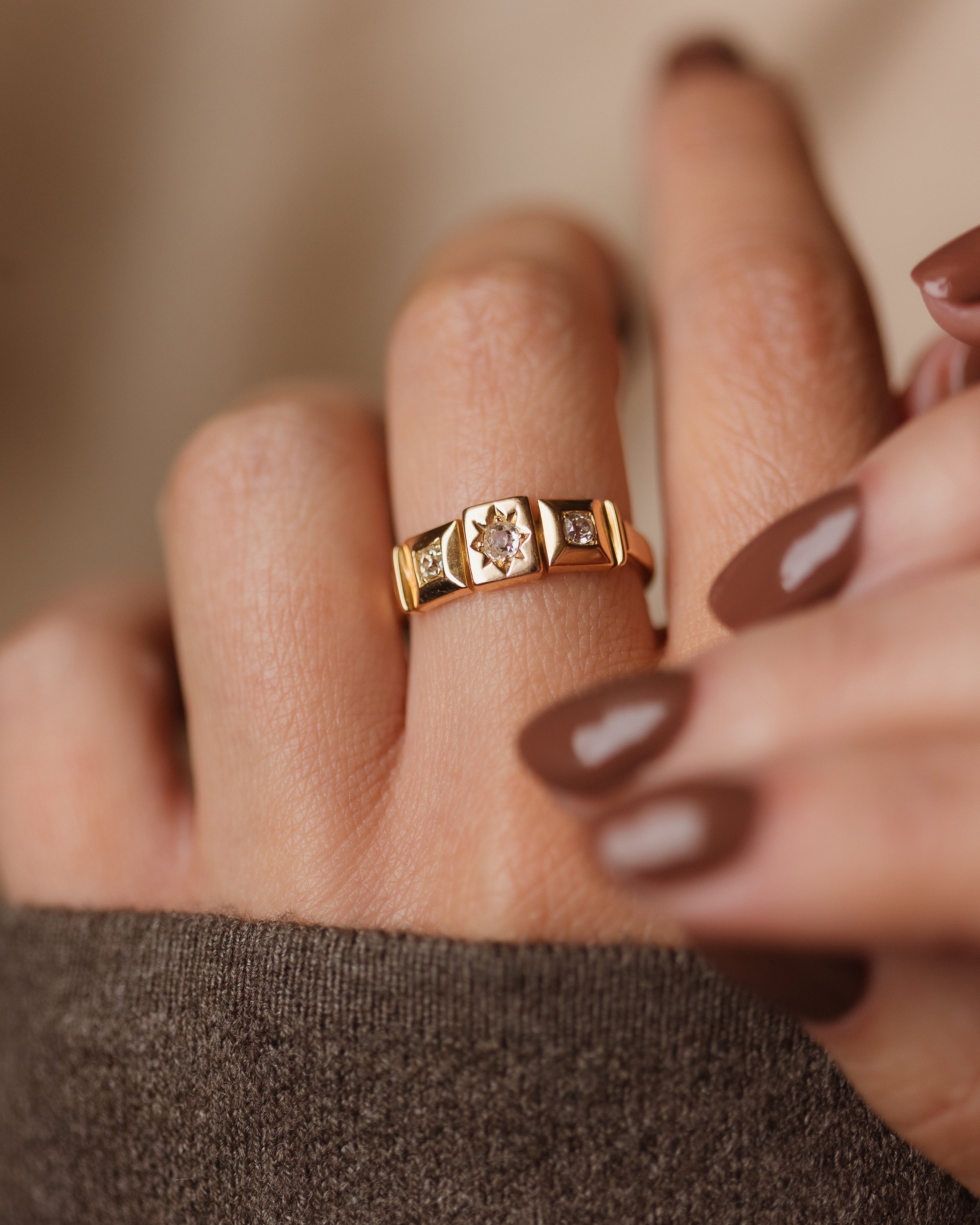 Image of Audrey Antique 18ct Gold Star Set Diamond Trilogy Ring
