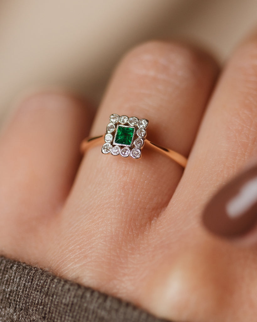 Inez Antique Art Deco 18ct Gold Emerald & Diamond Cluster Ring