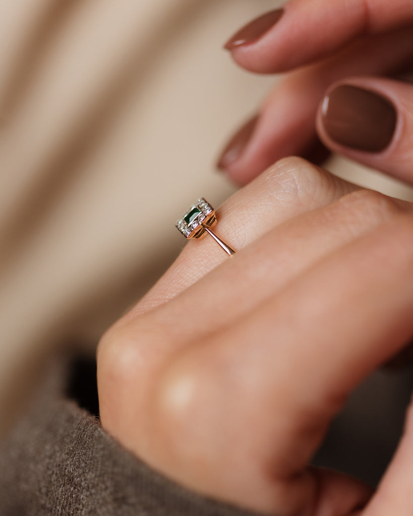 Inez Antique Art Deco 18ct Gold Emerald & Diamond Cluster Ring