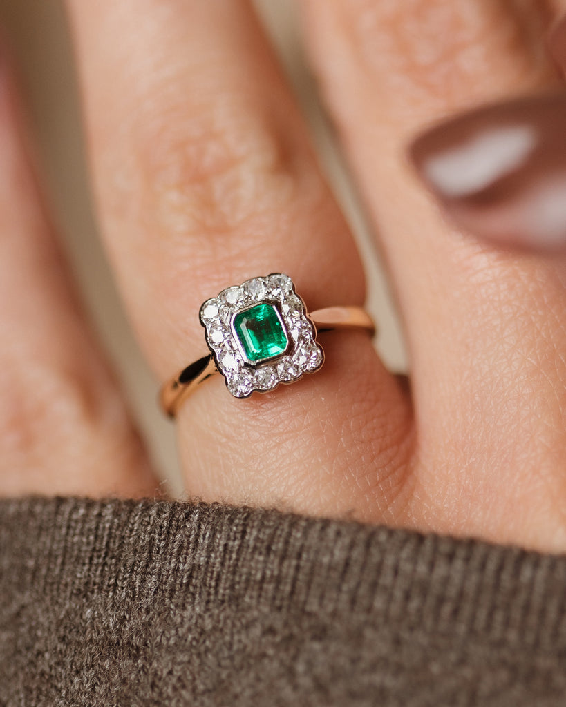 Iris Antique Art Deco 18ct Gold Emerald & Diamond Cluster Ring