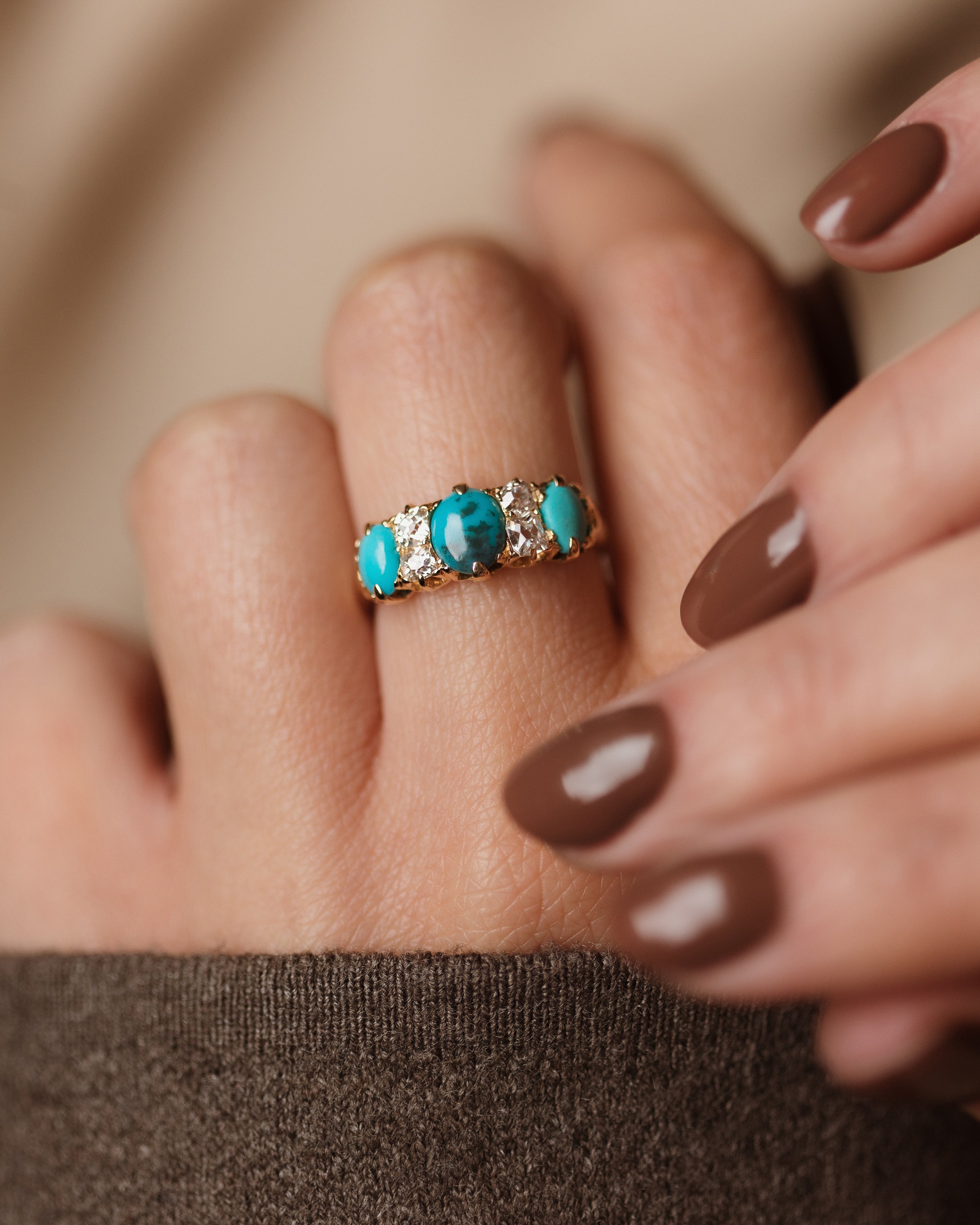 Image of Freya Antique 18ct Gold Turquoise & Diamond Seven Stone Ring