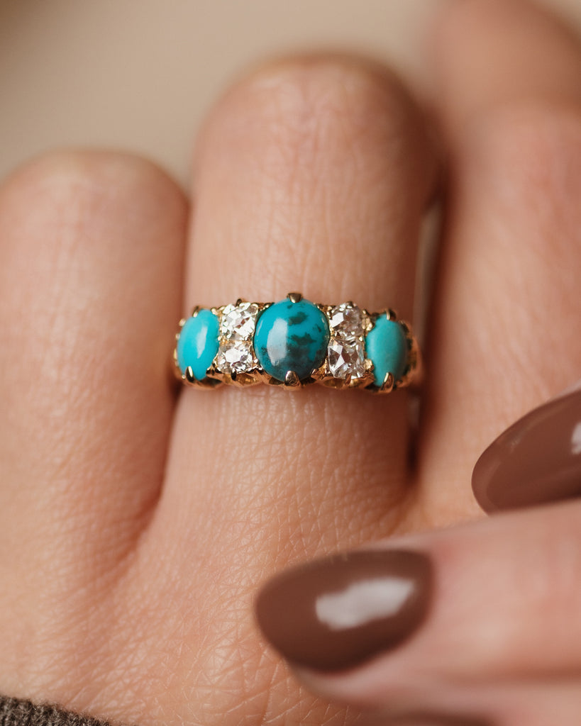 Freya Antique 18ct Gold Turquoise & Diamond Seven Stone Ring