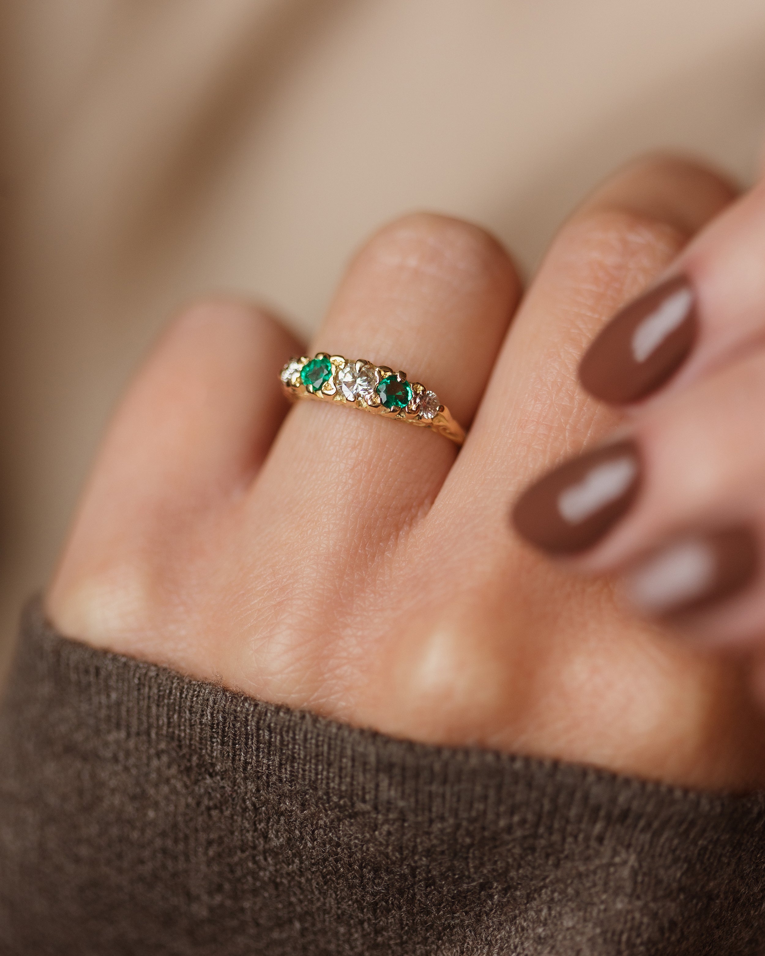 Image of Clover Antique 18ct Gold Emerald & Diamond Five Stone Ring