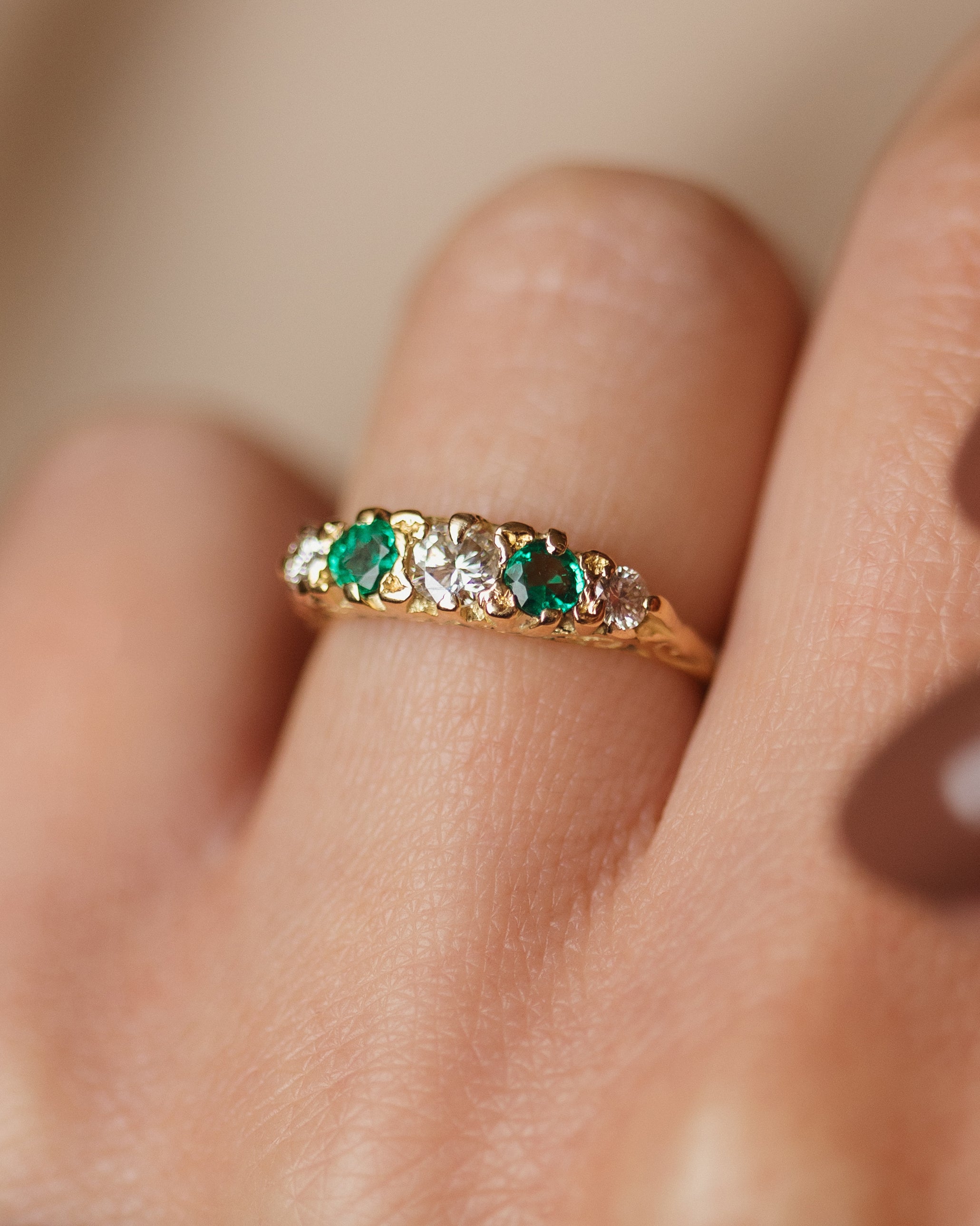 Clover Antique 18ct Gold Emerald & Diamond Five Stone Ring