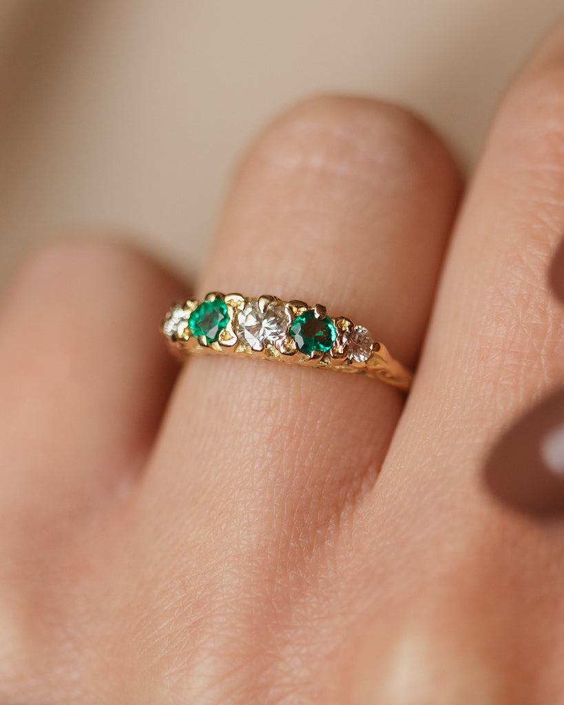 Clover Antique 18ct Gold Emerald & Diamond Five Stone Ring