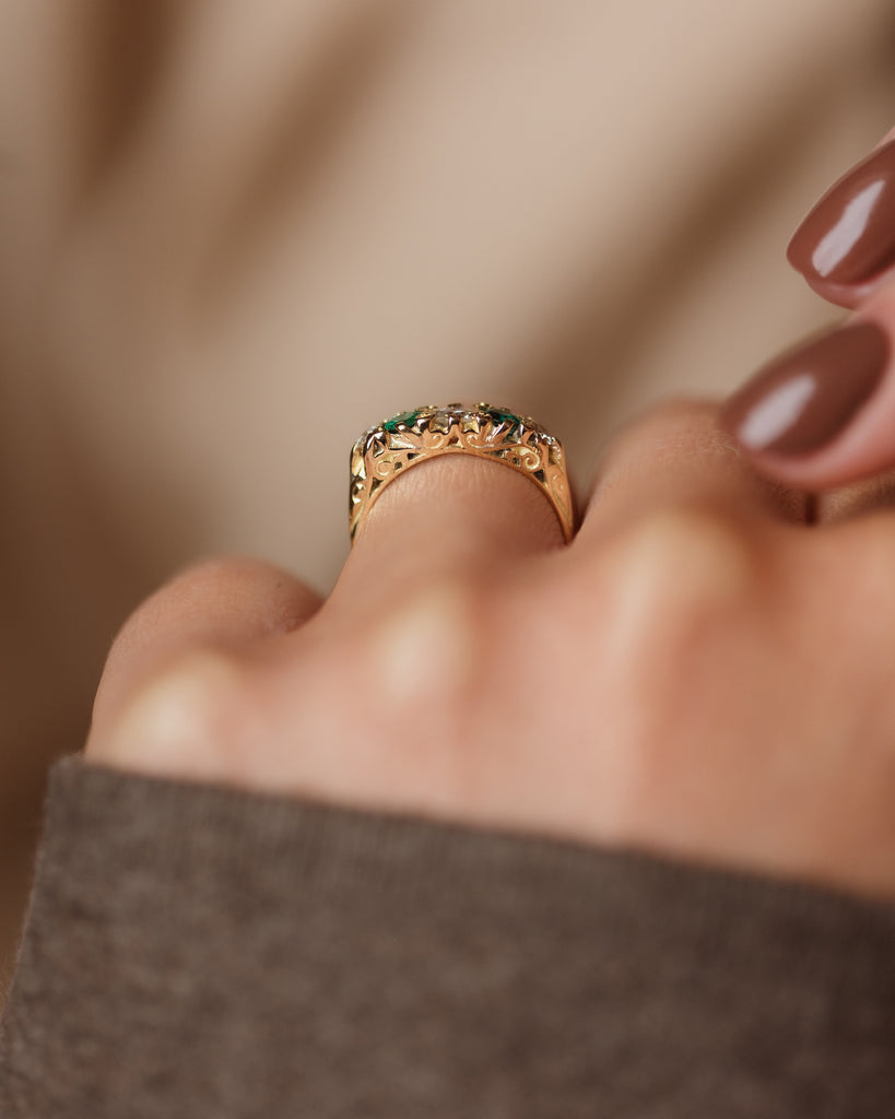 Clover Antique 18ct Gold Emerald & Diamond Five Stone Ring