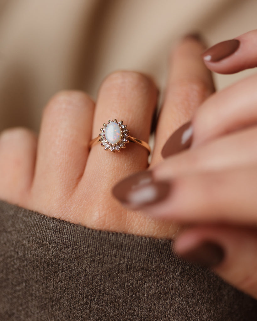 Ethel 1985 Vintage 9ct Gold Opal & Diamond Cluster Ring