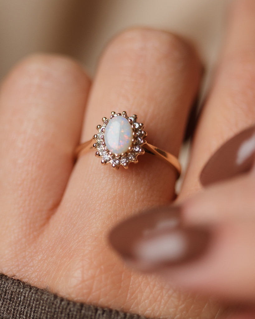 Ethel 1985 Vintage 9ct Gold Opal & Diamond Cluster Ring