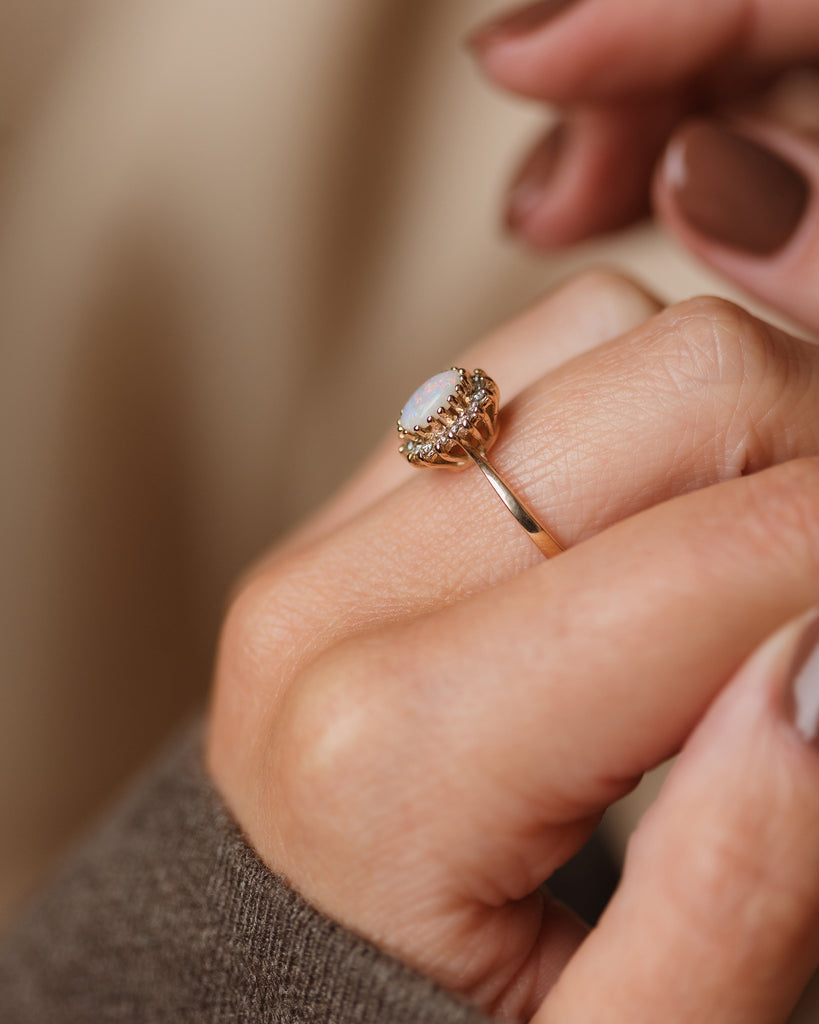 Ethel 1985 Vintage 9ct Gold Opal & Diamond Cluster Ring