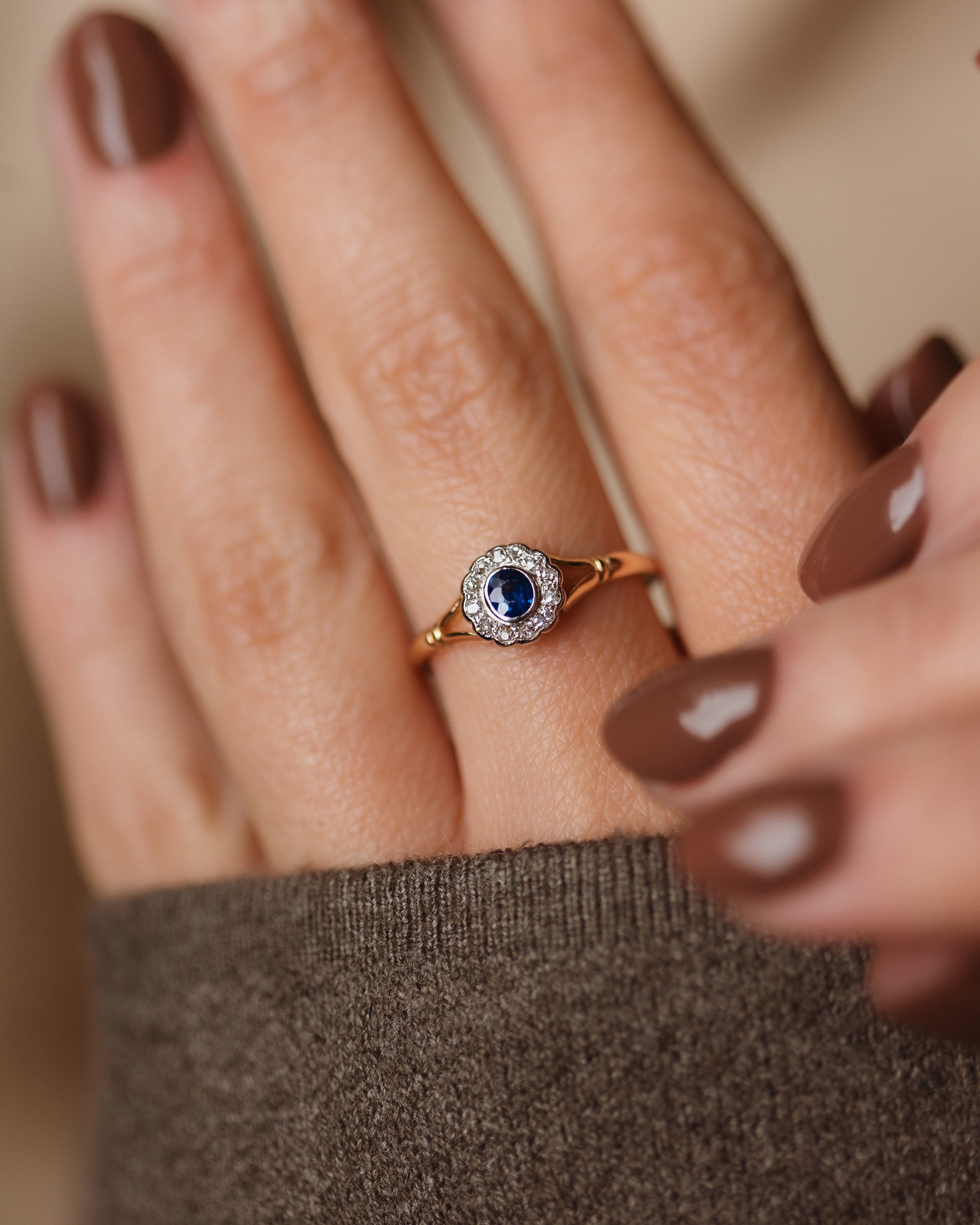 Claudette Antique 18ct Gold Sapphire & Diamond Cluster Ring