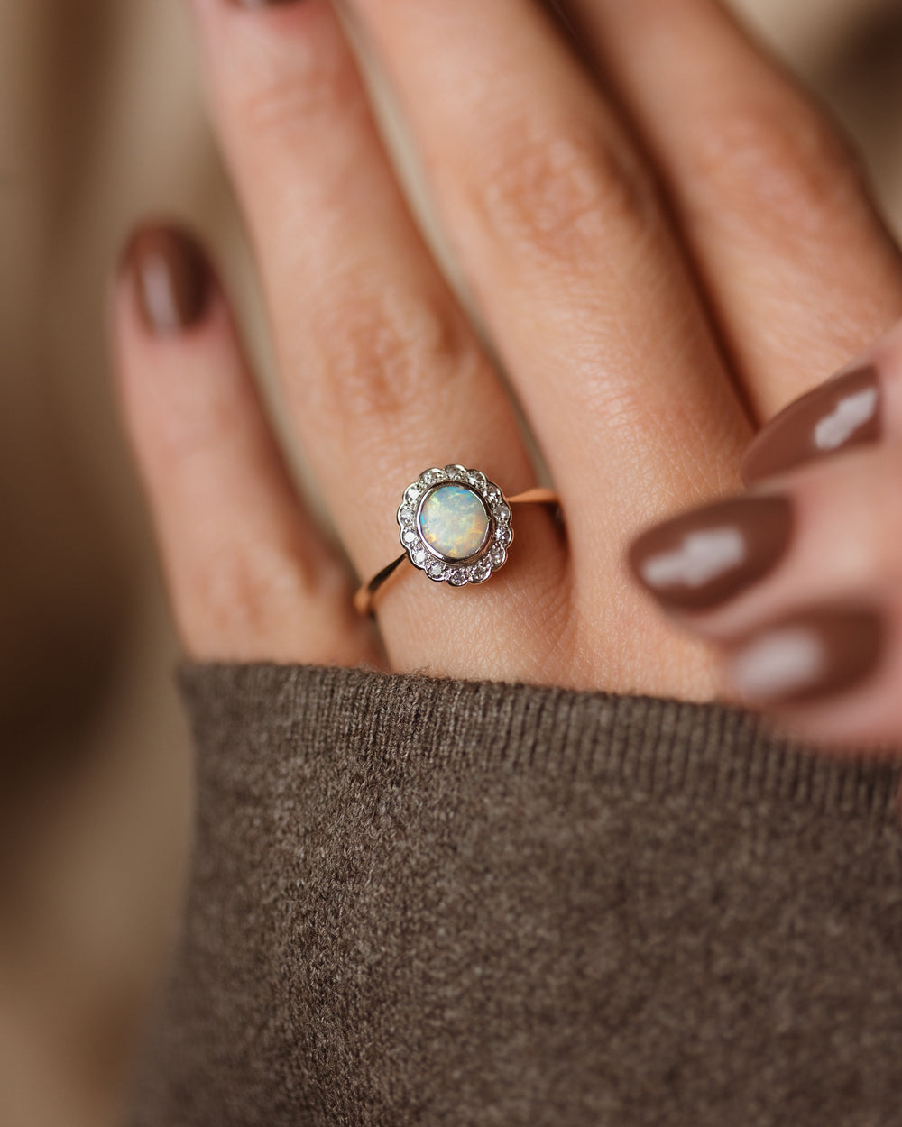 Sybil Antique 15ct Gold Opal & Diamond Cluster Ring