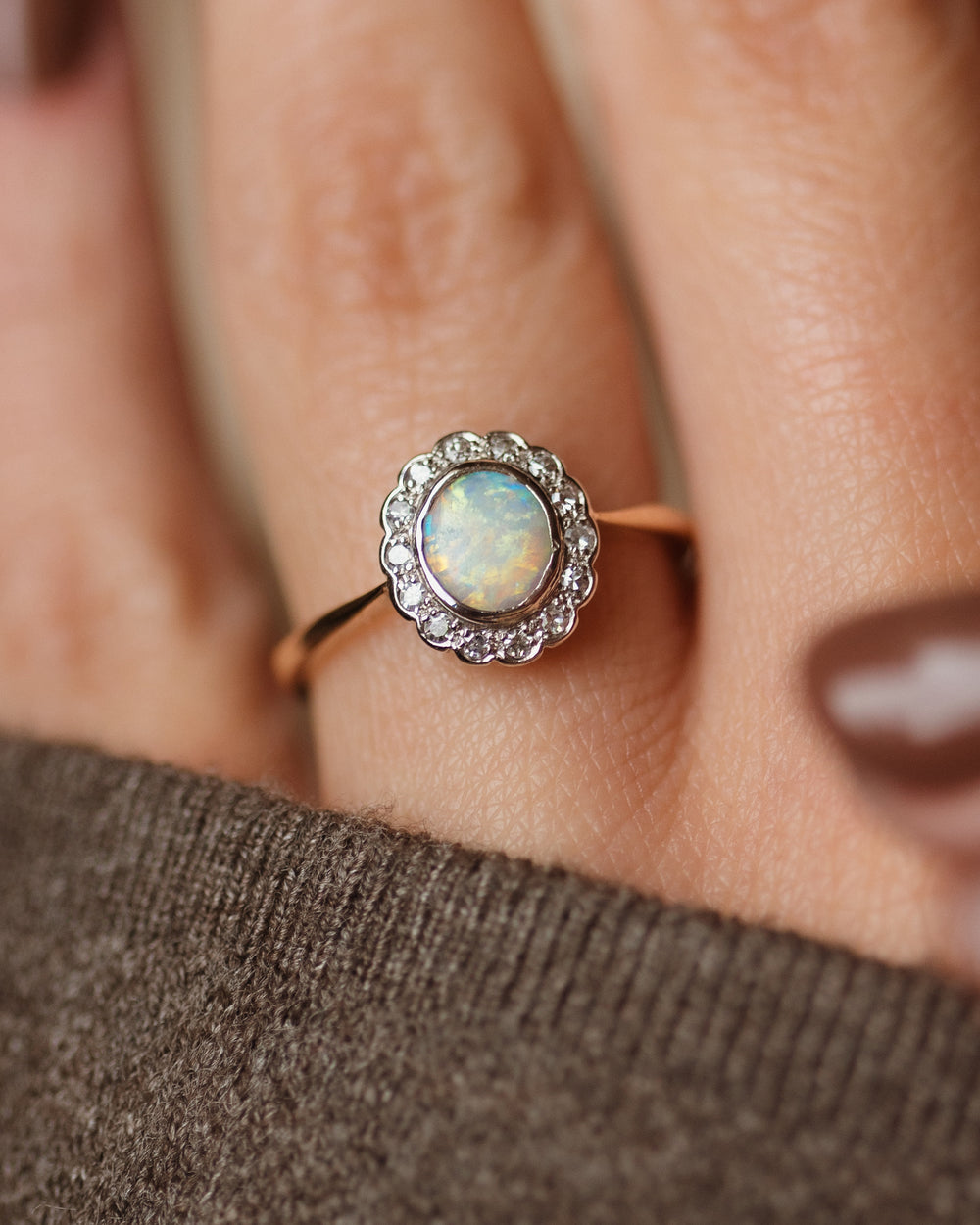 Sybil Antique 15ct Gold Opal & Diamond Cluster Ring