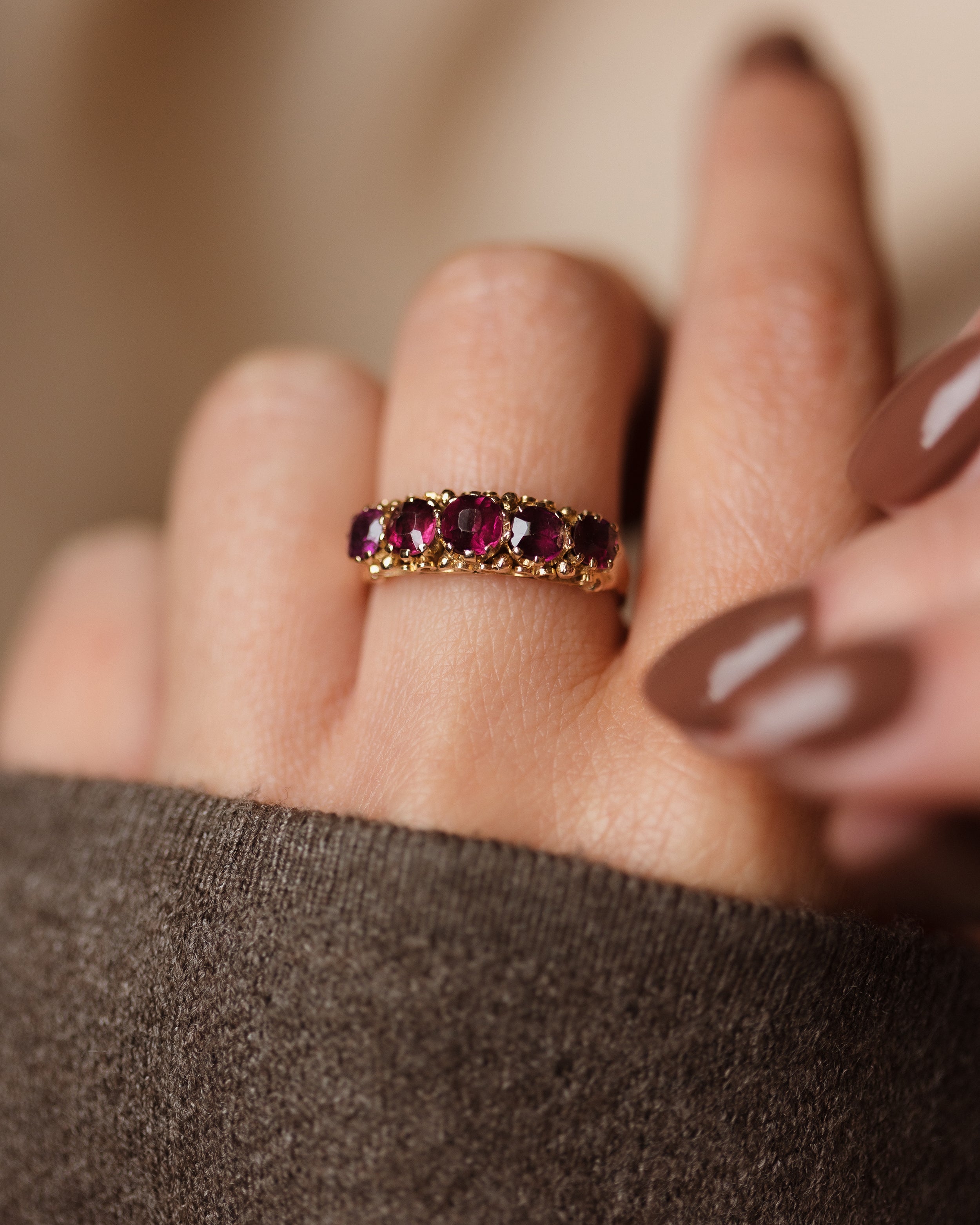 Euphemia 1873 Antique 15ct Gold Almandine Garnet Five Stone Ring