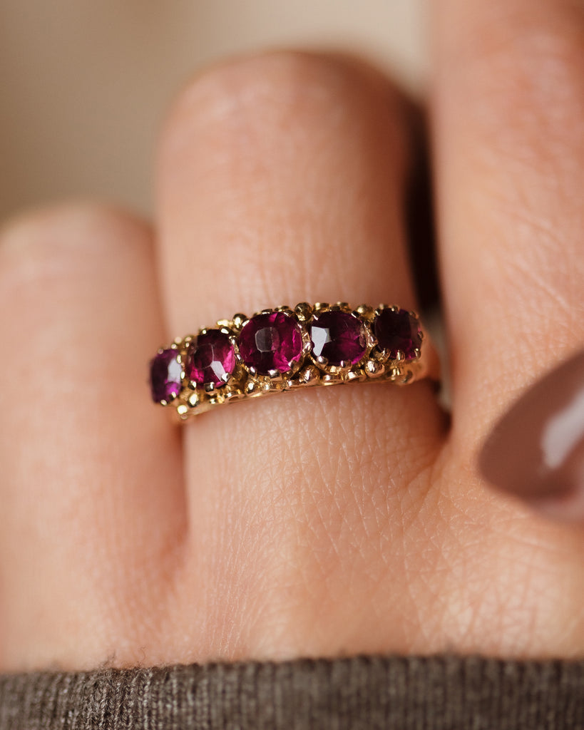 Euphemia 1873 Antique 15ct Gold Almandine Garnet Five Stone Ring